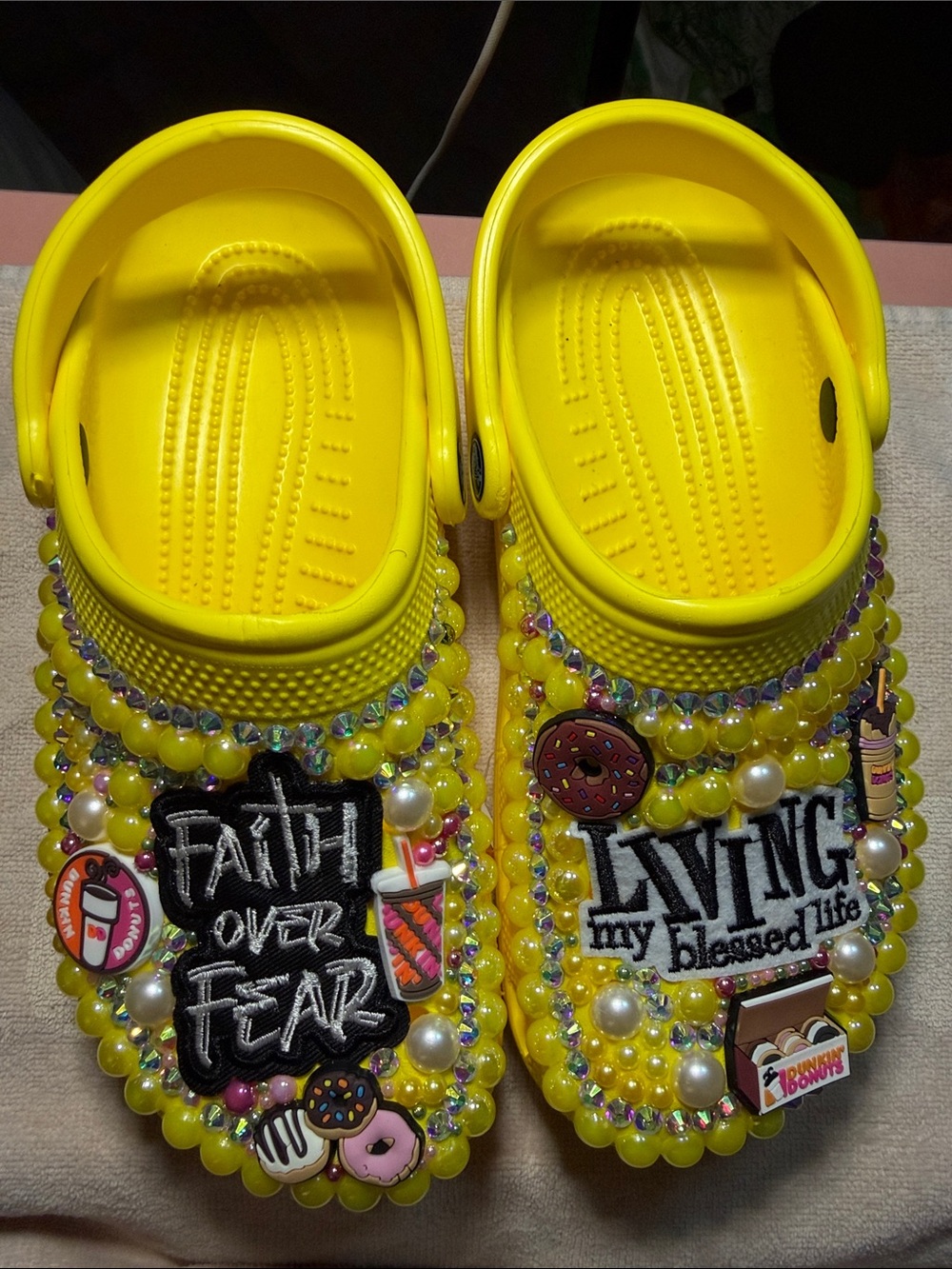 Yellow Beaded women's size 7 Clog Shoes with Inspirational Patches